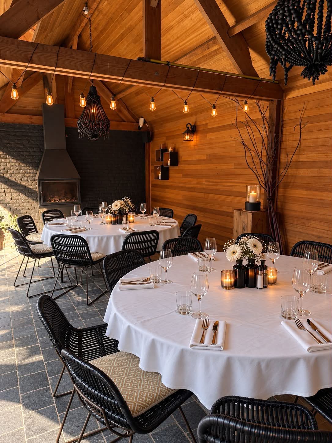 Warm ingerichte zaal van La Lys met gedekte ronde tafels, houten balken en sfeerverlichting